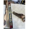 Image 6 : 2 ANTIQUE WOOD PLANES, LEVEL, PAPPER CUTTER AND ASSORTED HOUSEHOLD ITEMS