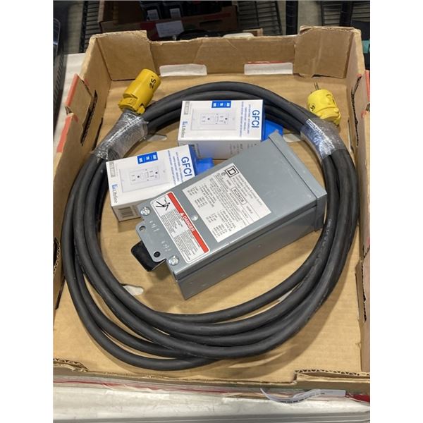 SQAURE D GENERAL PURPOSE ENCLOSED SWITCH, 25FT HEAVY DUTY POWER CORD, AND 2 NEW GFCI PLUGS