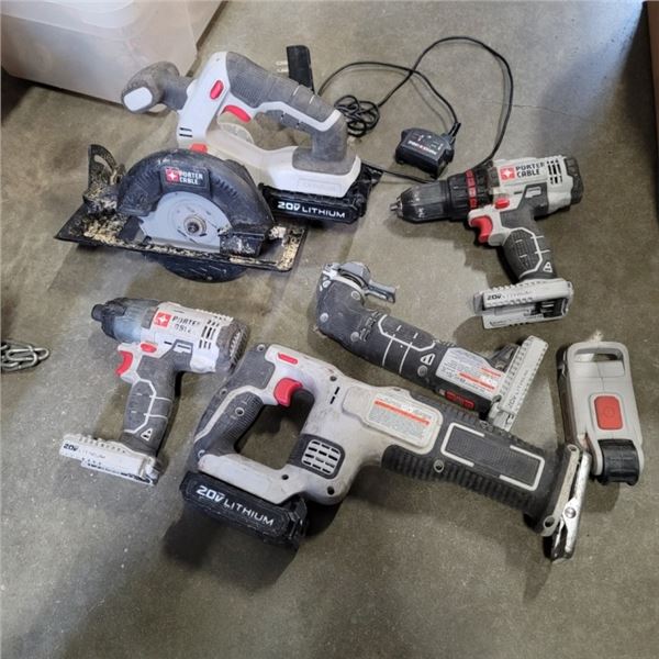 PORTER-CABLE FIVE-PIECE 20 VOLT POWER TOOL SET WORKING WITH TWO BATTERIES AND CHARGER