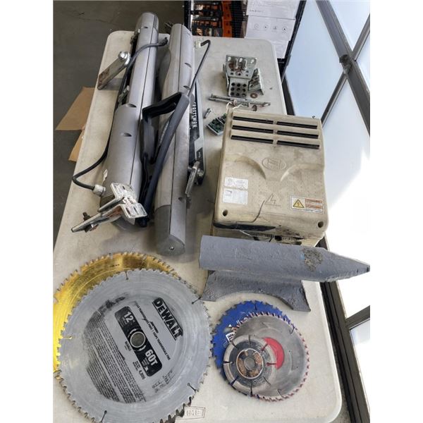 LOT OF TOOLS, SAW BLADES, ANVIL, ETC