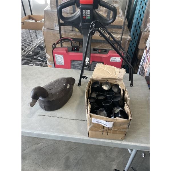 BOX OF CAPS, WOODEN DUCK, AND BIKE ACCESSORY