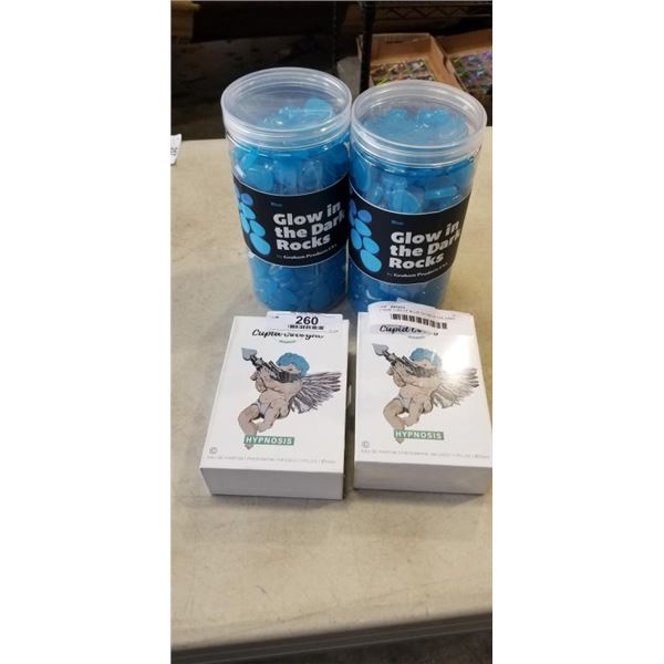 2 NEW TUBS OF BLUIE GLOW IN THE DARK ROCKS AND 2 NEW CUPID COLOGNE