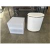 Image 1 : 2 PLASTIC STACKING DRAWER ORGANIZERS AND VINTAGE LAUNDRY HAMPER