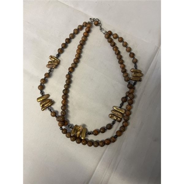 DOUBLE STRAND RHODONITE BEADS AND CULTURED FRESHWATER PEARLS NECKLACE W/ 925 STERLING SILVER LINKS E