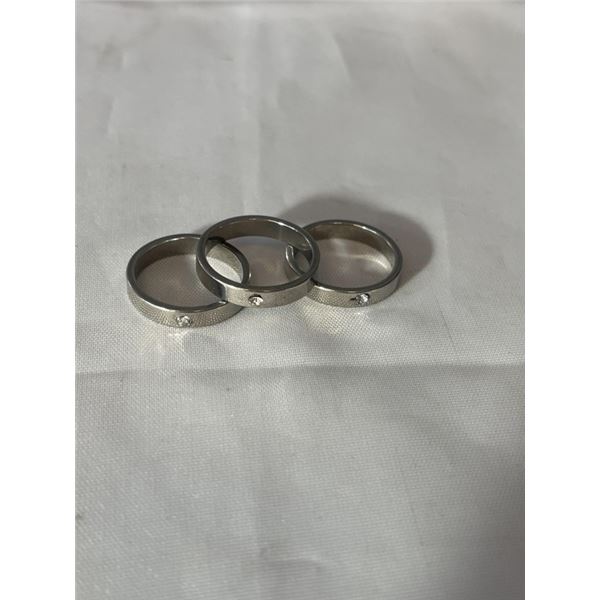 3 STAINLESS STEEL W/ STONES RING BANDS SIZE 8, AS NEW