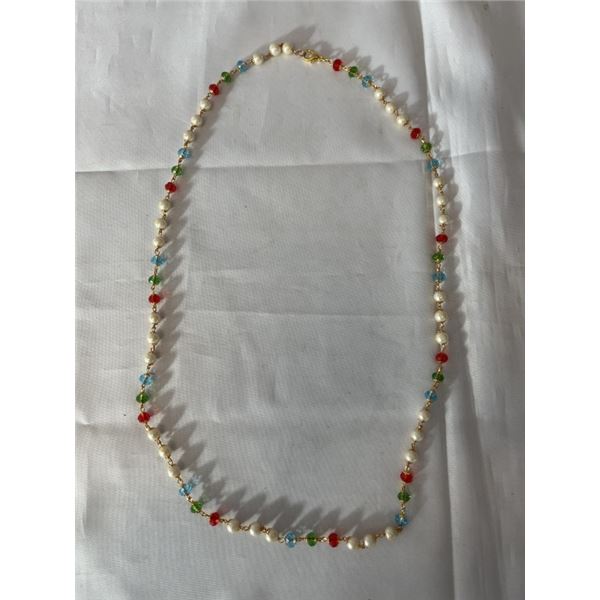 GOLD PLATED LINKS W/ PEARLS AND FACETED GLASS BEADS NECKLACE 26" LENGTH