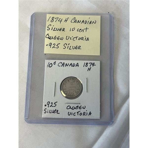 1874-H CANADIAN SILVER 10 CENT QUEEN VICTORIA .925 SILVER