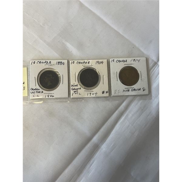 3 CANADIAN LARGE CENTS 1884 QUEEN VICTORIA, 1904 KING EDWARD VII, 1914 KING GEORGE V