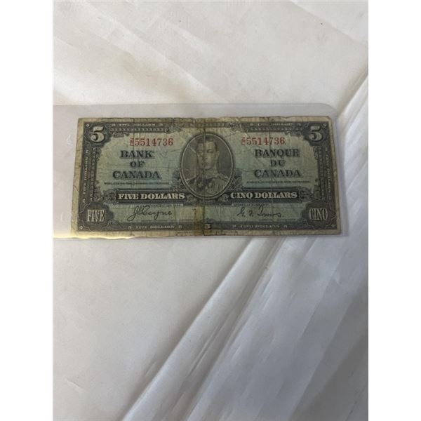 1937 BANK OF CANADA KING GEORGE VI $5 BILL - JAN 2, 1937