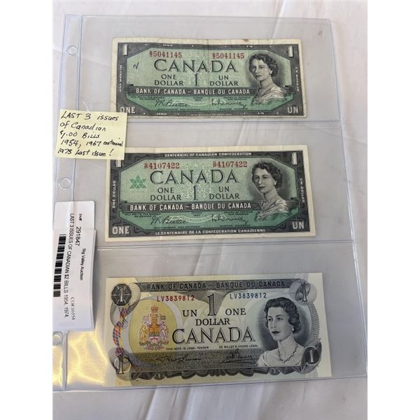 LAST 3 ISSUES OF CANADIAN $2 BILLS 1954, 1974, 1986 LAST ISSUE