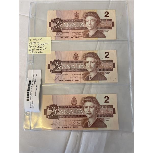 3 MINT CANADIAN $2 BILLS LAST ISSUE OF THE $2 BILL