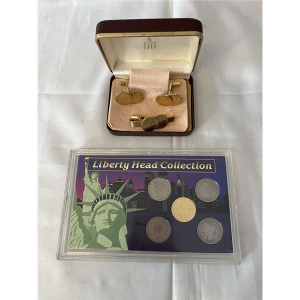 GOLD TONE CUFF LINKS AND TIE CLIP AND LIBERTY HEAD COIN COLLECTION