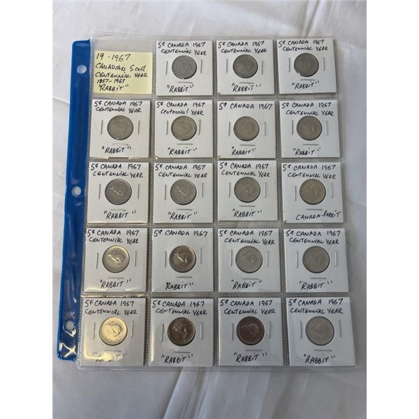 19 1967 CANADIAN 5 CENT CENTENNIAL COINS - RABBIT 1867-1967