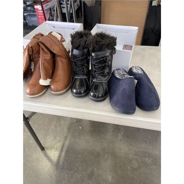 3 NEW PAIRS OF WOMENS SIZE 6.5 BOOTS AND SLIPPERS