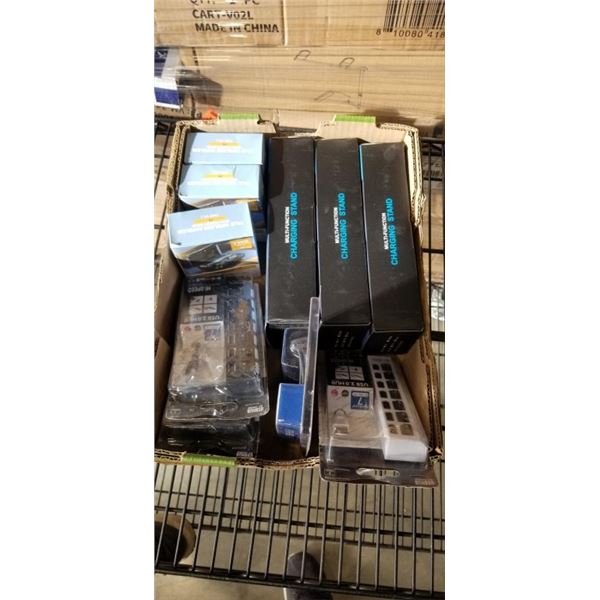TRAY OF ASSORTED NEW ITEMS INCLUDING MULTI CHARGERS, BLUETOOTH HEADPHONES AND MORE