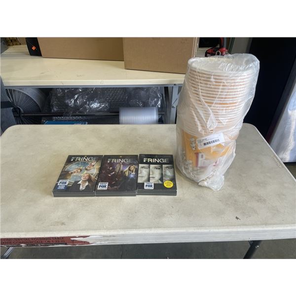 FRINGE TV SERIES, SEASON 1,2,3 AND STACK OF POPCORN BUCKETS