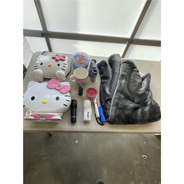BOX OF ASSORTED KID ITEMS - HELLO KITTY, BLANKET, ETC