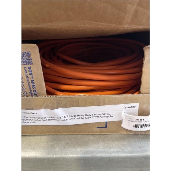 AS NEW 200FT INDOOR OUTDOOR 3 WIRE GROUNDED HEAVY DUTY LIGHTED EXTENSION CORD, ORANGE, 14AWG