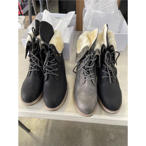 2 NEW PAIRS OF WOMENS SIZE 10.5 BOOTS - 1 PAIR MISMATCH COLOURS, SAME BOOT AND SIZE