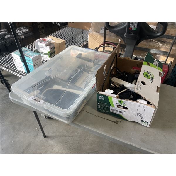 TOTE AND BOX OF ASSORTED HOUSEHOLD, CHARGERS AND CABLES ETC