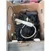 Image 2 : TOTE AND BOX OF ASSORTED HOUSEHOLD, CHARGERS AND CABLES ETC