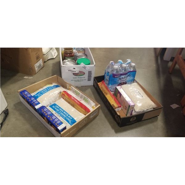 3 BOXES OF NON-PARISHABLE FOOD ITEMS - RICE, MAC AND CHEESE, PASTA AND SAUCES, ETC