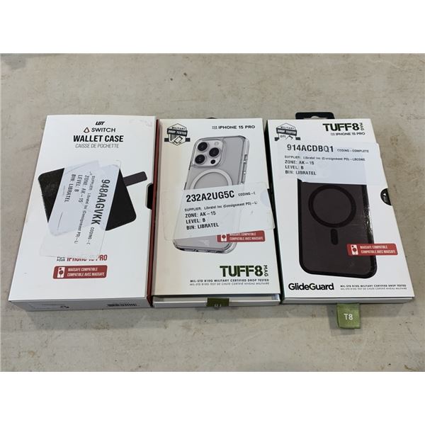 IPHONE 15 PRO WALLET CASE AND 2 CASES