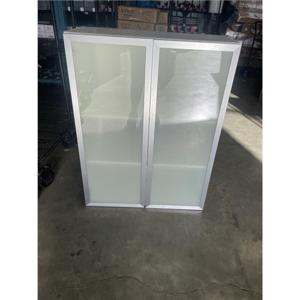 GLASS DOOR 2 DOOR CUPBOARD, 30 INCH WIDE, 39 INCH TALL AND 13 INCH DEEP