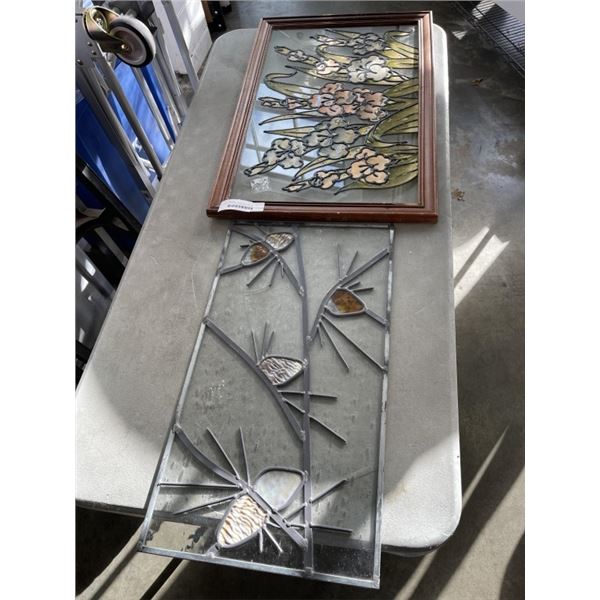 2 LEADED GLASS WINDOWS, ONE IS FRAMED, 17X26 AND 13 X 23