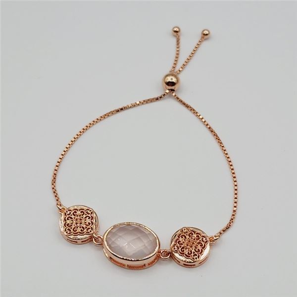 ROSE GOLD PLATED STERLING SILVER NATURAL ROSE QUARTZ BRACELET, RETAIL $500.00.