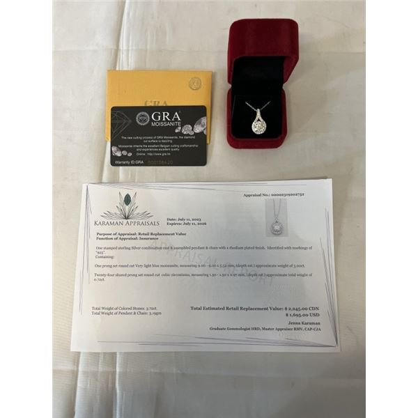 3.00 CT GRA CERTIFIED ROUND BRILLIANT CUT MOISSANITE STONE VVS VERY LIGHT BLUE COLOR WITH 24 ROUND B