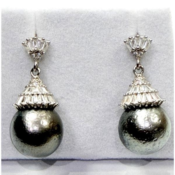STERLING SILVER SOUTH SEA PEARL 13.3MM X 13.4MM WITH CZ (1.20CT) DROP STYLE EARRINGS, W/A $875.00.
