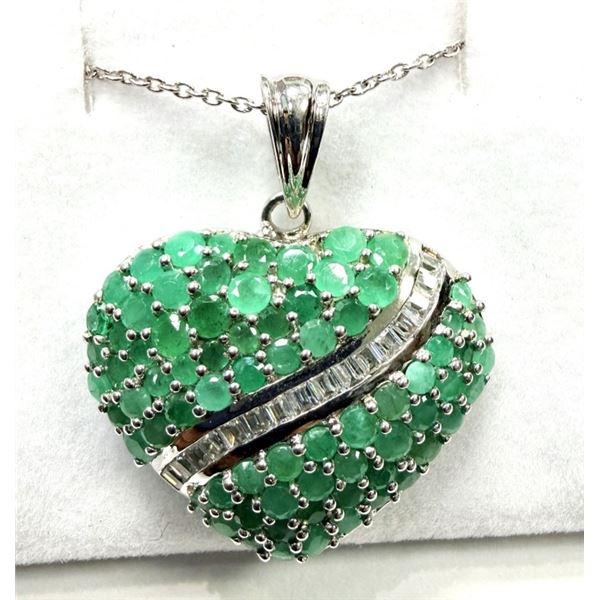 STERLING SILVER NATURAL EMERALD AND CZ HEART SHAPE PENDANT WITH STERLING SILVER CHAIN, RETAIL $600.0
