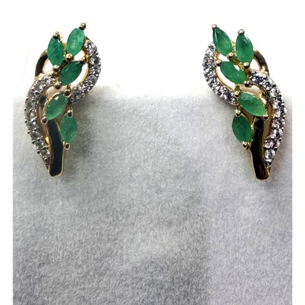 GOLD PLATED STERLING SILVER NATURAL EMERALD (0.82CT) WITH WHITE TOPAZ EARRINGS, W/A $1000.00. EMERAL