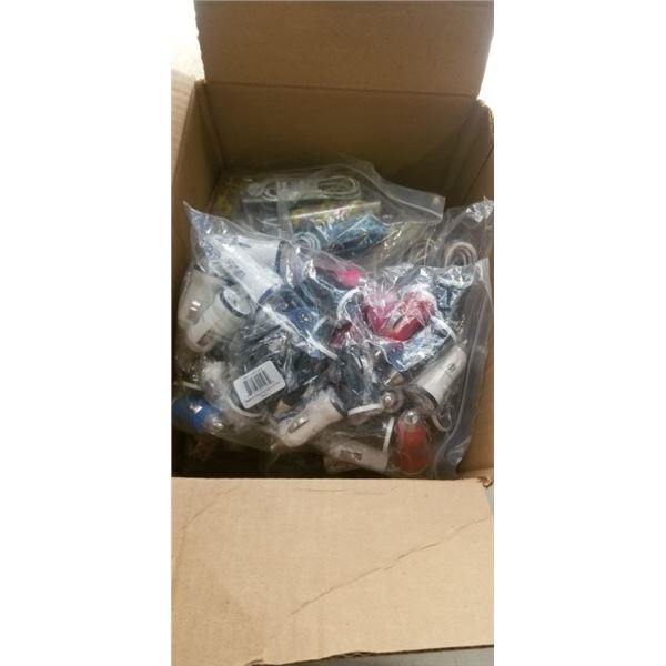 BOX OF NEW CHARGE CORDS AND CAR ADAPTORS
