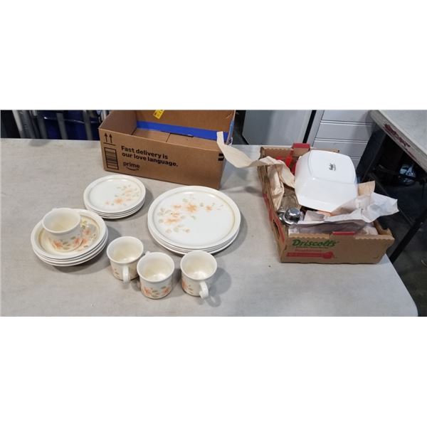 2 TRAYS OF STONE DISHWARE, CANDLE HOLDERS, ETC