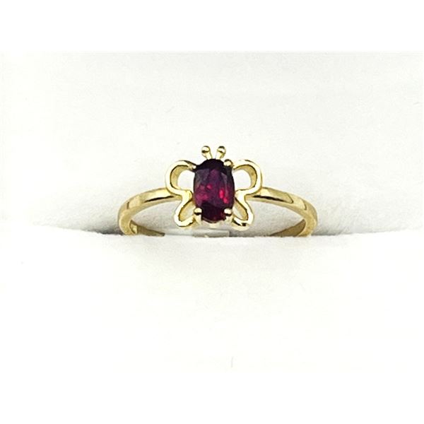 10KT YELLOW GOLD NATURAL ENHANCED RUBY (0.34CT) BUTTERFLY SHAPE RING, SIZE 3.75, W/A $600.00. RUBY I
