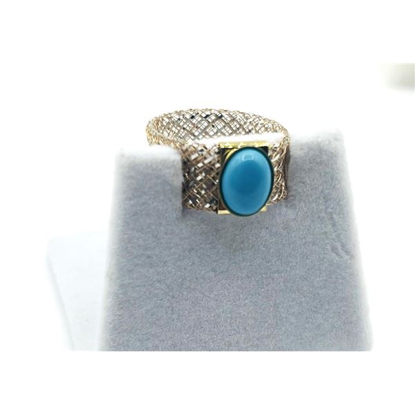 9KT YELLOW, WHITE AND ROSE GOLD NATURAL TURQUOISE (1.20CT) MESH STYLE RING,  W/A $850.00.
