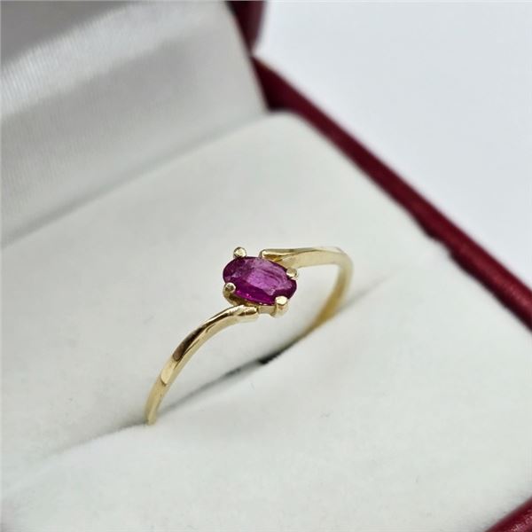 10KT YELLOW GOLD NATURAL ENHANCED RUBY (0.20CT) RING, SIZE 7, W/A $875.00.