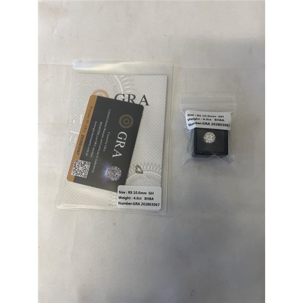 NEW 4.0 CARAT MOISSANITE STONE, ROUND BRILLIANT CUT, GH-VVS1, GRA REPORT, TESTS POSITIVE W/ DIAMOND 