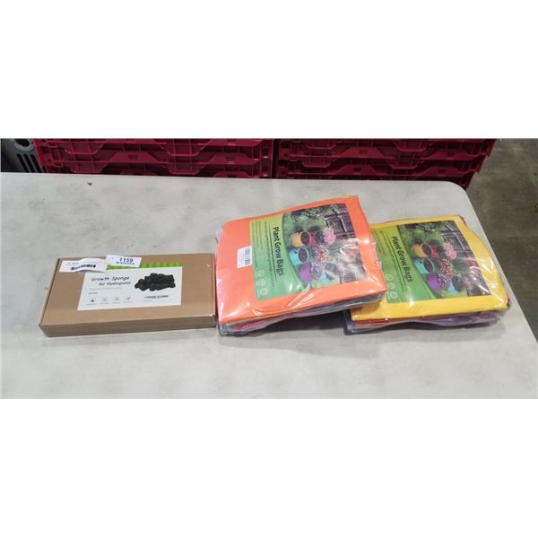 14 NEW 10 GALLON PLANT GROW BAGS, 7 COLORS, AND NEW PACK OF 50 HYDROPONIC GROWTH SPONGES