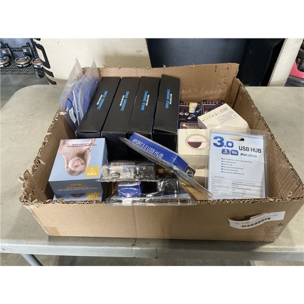 TRAY OF ASSORTED NEW ITEMS INCLUDING MULTI CHARGERS, BLUETOOTH HEADPHONES AND MORE