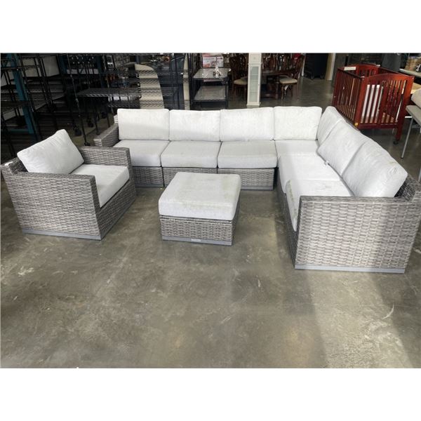 8 PC GLUCKSTEIN HOME PATIO SECTIONAL AND CLUB CHAIR, NO RIPS OR TEARS, WICKE RIN GOOD SHAPE, CUSHION