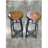 Image 1 : PAIR OF WOOD BAR STOOLS WITH HEAVY METAL BASE