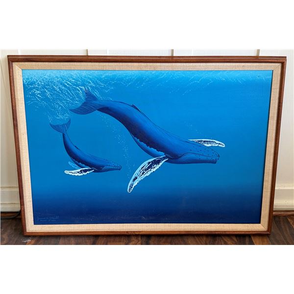 Original Painting on Canvas Mother Whale & Calf by James H. O'Neill, 1983, 39" x 28" Framed
