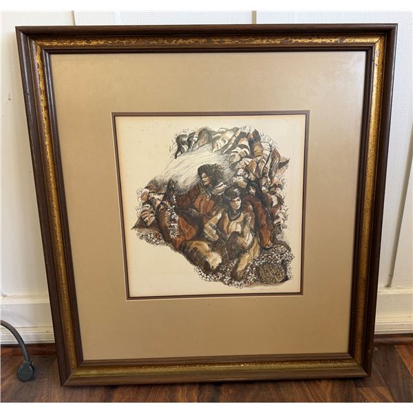 Hawaiian Musicians Watercolor Artwork by Allen Akina, Signed 1972, 24" x 27", Framed