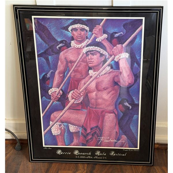 Merrie Monarch Hula Festival Male Dancers Art Print by Pooloa 1992, 22" x 30"