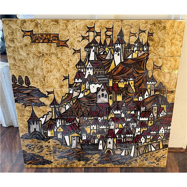 Decorative Tile Mural of Medieval Castle by L Baba '69, 30" x 30"