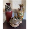 Image 1 : Qty 2 Tall Asian Vases: Dragon & Scenic w/ Ceramic Jar w/ Knotted Lid, Misc Sizes