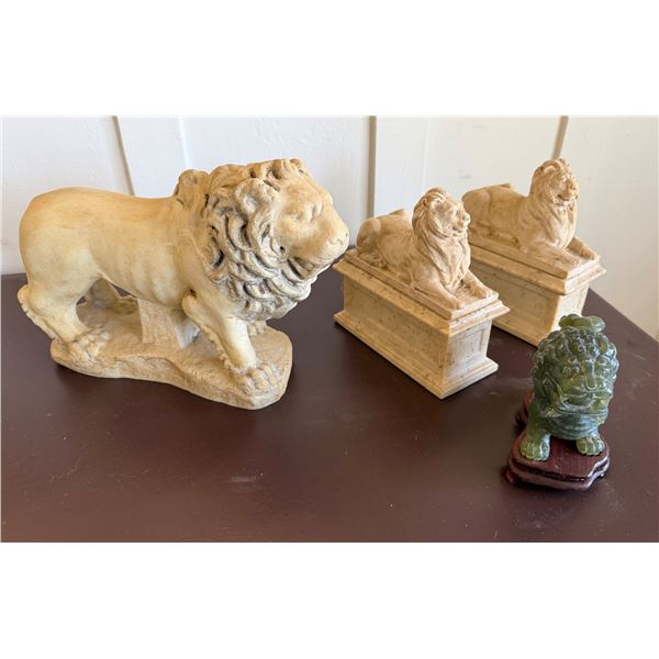 Qty 2 Lion Book Ends, Lion Sculpture & Guardian Lion Foo Dog on Base, Misc Sizes